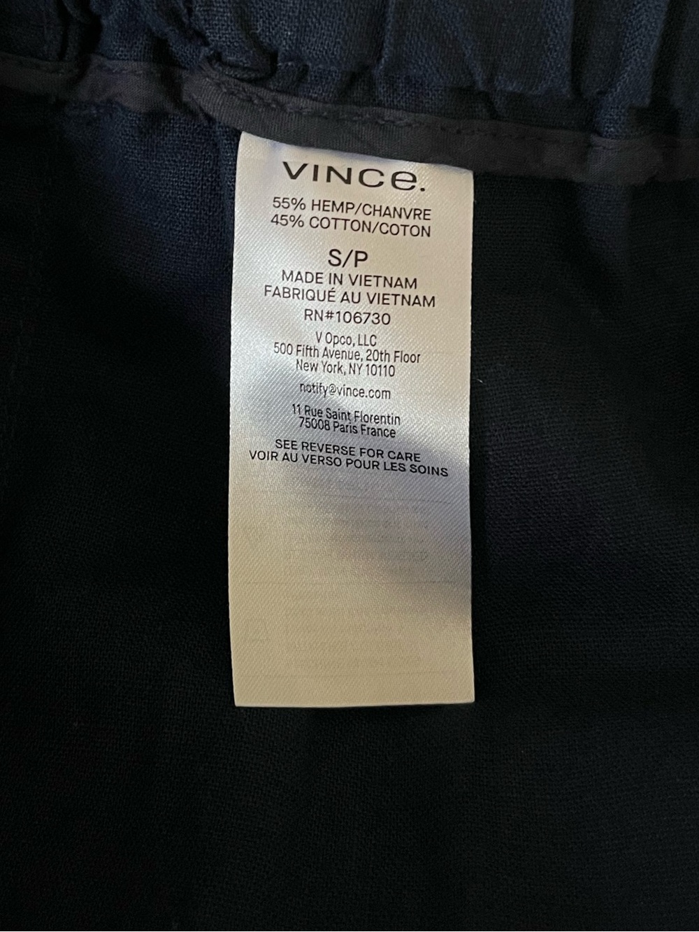 NWT Vince Tie Front Pull On Pants in Navy Size Small Hemp/Cotton Blend - Picture 9 of 10